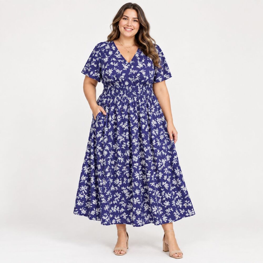 NWT CARCOS Blue White Floral Maxi Dress Smocked Waist Pockets Plus 2X
